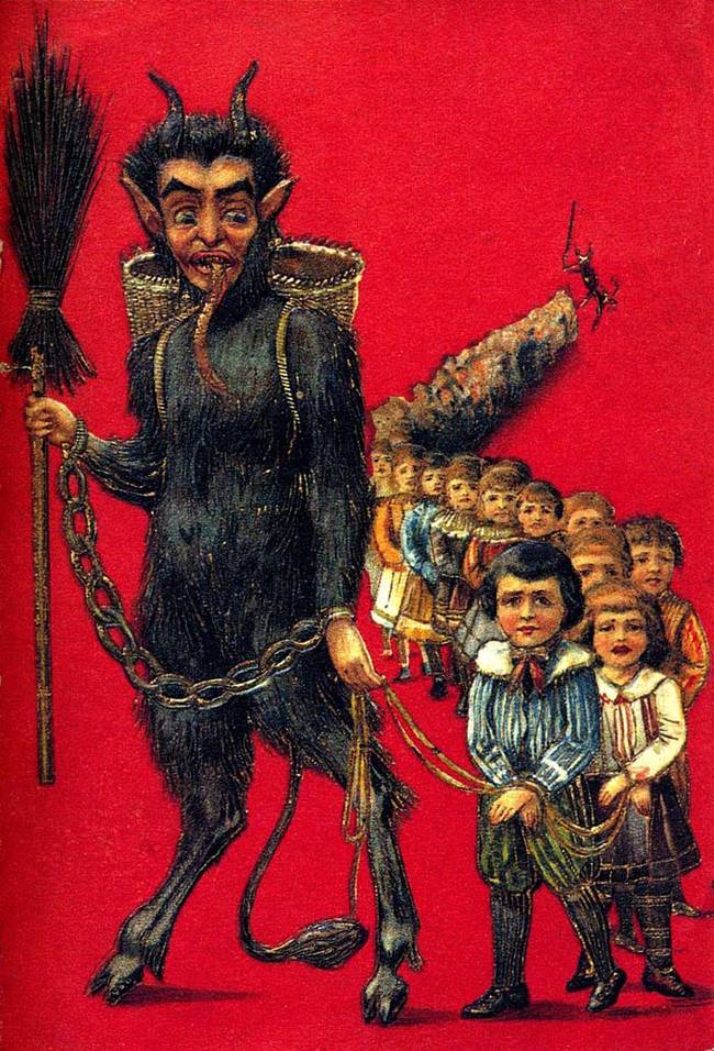 According to legend, Krampus is a demon who punishes misbehaving children around the holidays, while St. Nicholas (AKA Santa Claus), rewards good children.