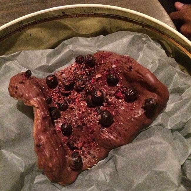 24.) Dessert: Chocolate covered pork rind with berries. This must have been the most delicious thing ever.