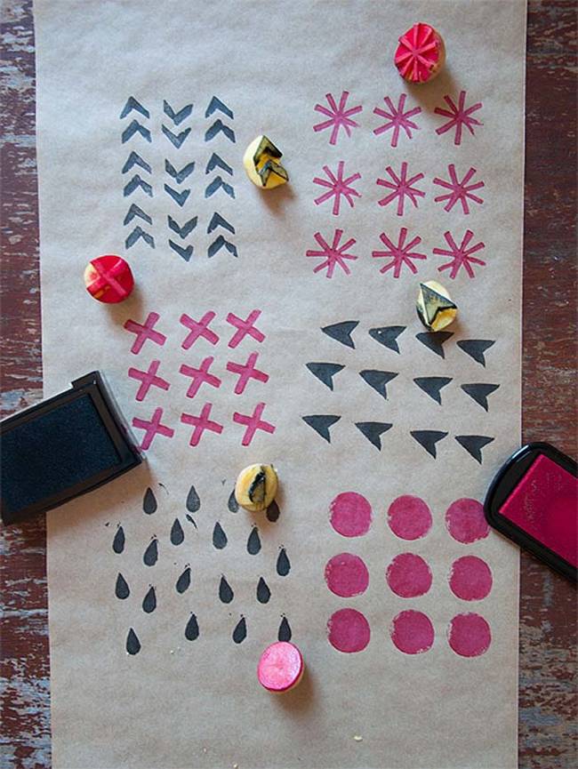 Make potato stamps and decorate white paper using colored ink pads.