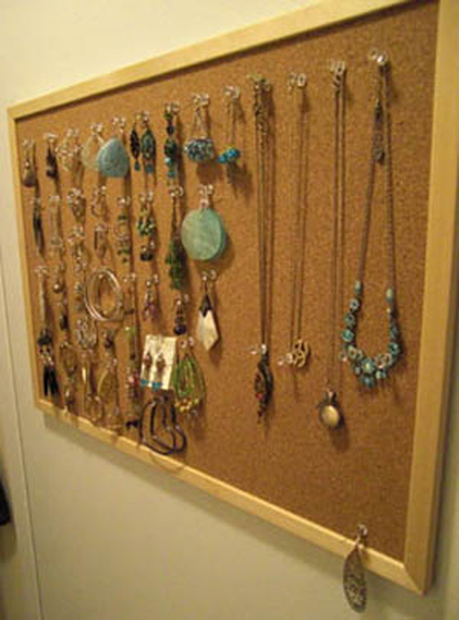 19.) Use a corkboard to organize your jewelry.