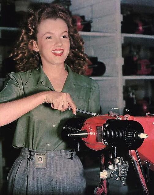 4.) Marilyn Monroe (then going by Norma Jeane Mortensen) working in a factory in 1944.