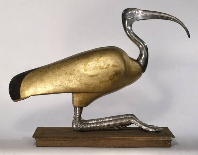 An ibis coffin. Ibis, which are long-necked, long-beaked river birds, would have been associated with Thoth, the god of knowledge. Thoth was typically depicted as a man with an ibis head. 305-30 BCE.