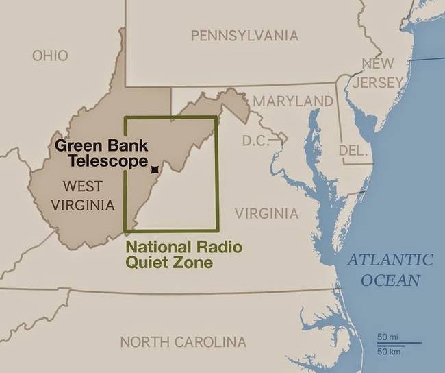 In fact, the full  boundaries of the device-free zone extend to an area roughly equal to 13,000 square miles. This region is called the National Radio Quiet Zone, and is located around the sparsely populated countryside of West Virginia, Virginia, and Maryland.