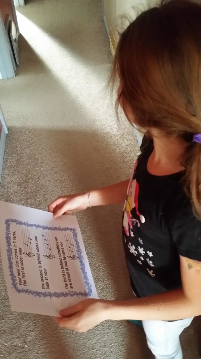 Dad says: "The first clue for Rachel's 10th birthday treasure hunt was a 3-part clue where the last word of each clue was spelt out in musical notation.  It may as well have been in English for how fast she read it and ran.  The 1st one spells bed, the second is face and the 3rd is aced."