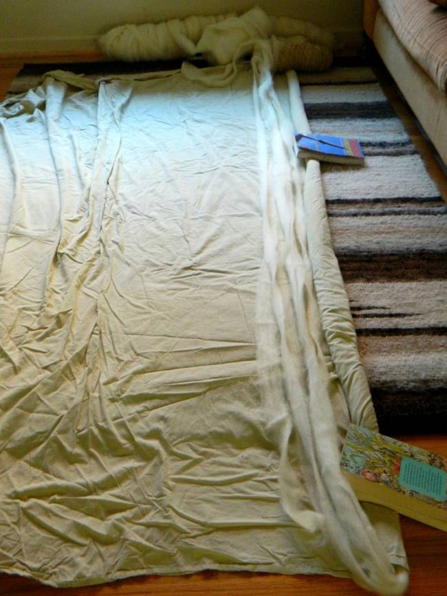 It started out by rolling the strands of wool batting in a sheet to give them the proper shape.