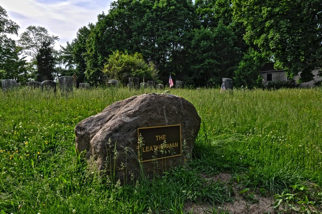 Today, the Leatherman's remains (or lack thereof) are buried beneath this stone in Ossining, NY. People still leave pennies on it.