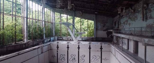 An abandoned indoor sports complex in Pripyat, as seen the through the eyes of Cooke's drone.