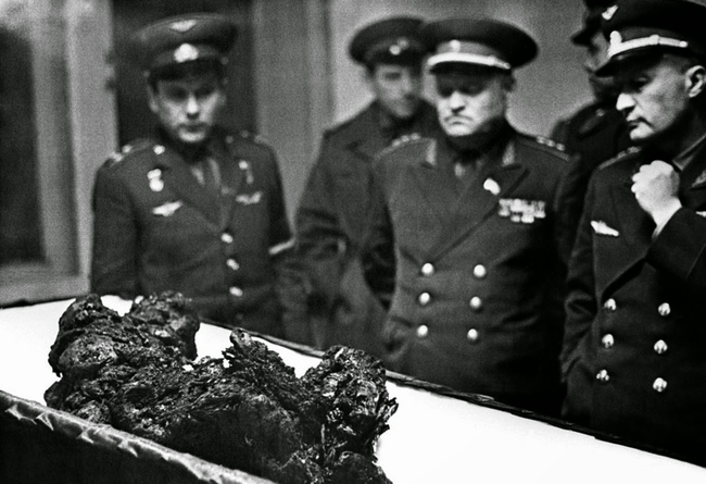 35.) The remains of soviet astronaut Vladimir Komarov after his space capsule crashed on reentry.