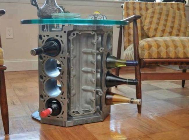 5.) A V8 engine was turned into a wine rack and side table.