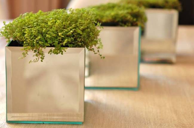 7.) Square mirrors become artsy planters with a hot glue gun.