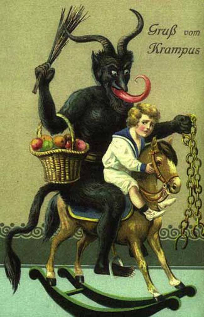 It's said that Krampus punishes bad children with switches and rusty chains. Then when they've been thoroughly punished in this world, Krampus put them in his sack and takes them back to his lair.