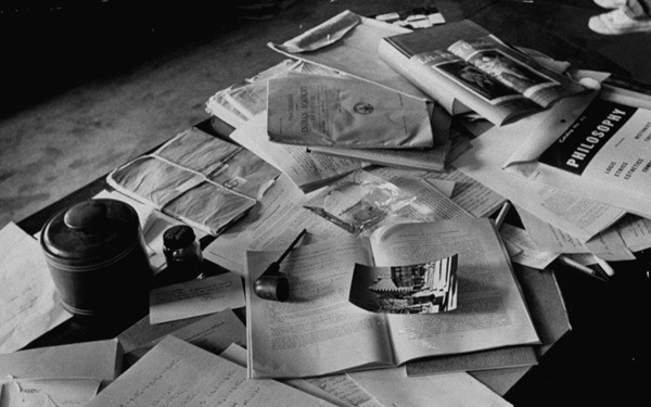 Taken one day after his death, this is a photograph of Albert Einstein's desk.