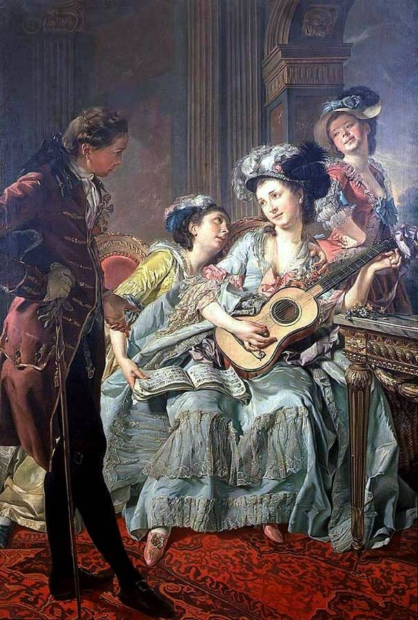 The facial expressions say it all. Apparently, you can't even have an 18th-century jam session with your girlfriends without someone interrupting to ask you out.