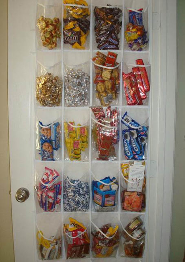 14.) Organize your pantry with these hanging shoe cubbies.