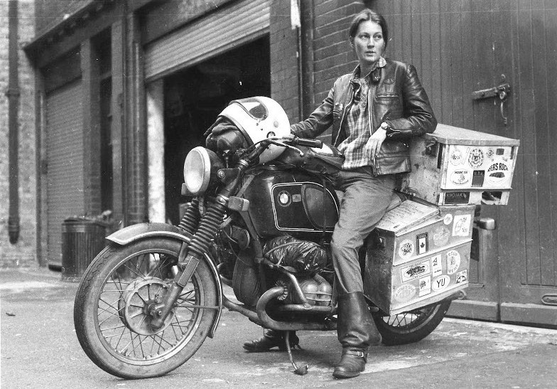 Elspeth Beard, shortly after becoming first Englishwoman to circumnavigate the world by motorcycle. The journey took 3 years and covered 48,000 miles.