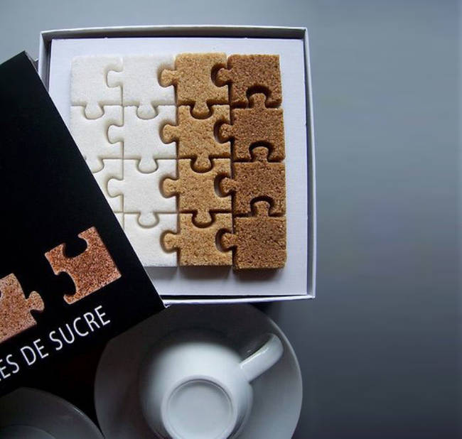 These puzzle piece sugar cubes are awesome. It makes me want to add more sugar to my morning coffee.