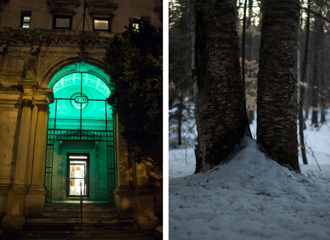 The photos are made by combining other photos into one. The door from the photo on the left gets superimposed onto the photo of the trees, and instantly creates a new landscape combining the natural and constructed world.