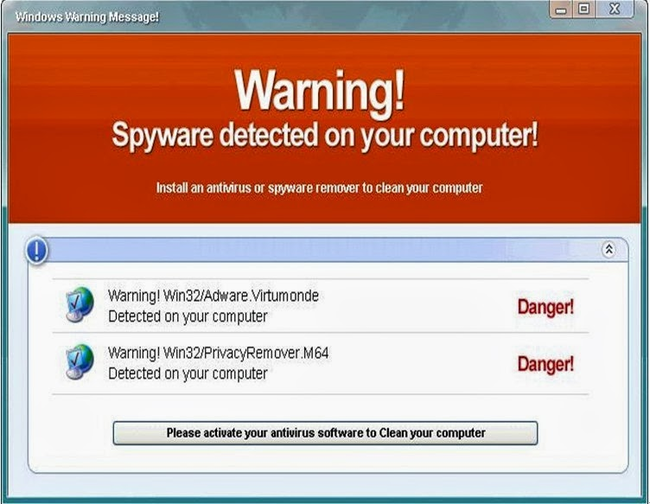 1.) Fake Antivirus Software: If you get a 'Warning!' notification like this and it doesn't have the logo of the anti-virus software you downloaded on you computer (McAfee or Symentec, for example) then this is a scam. It will eventually ask for your identity information. Just 'x' it out. (That closes the ad.)