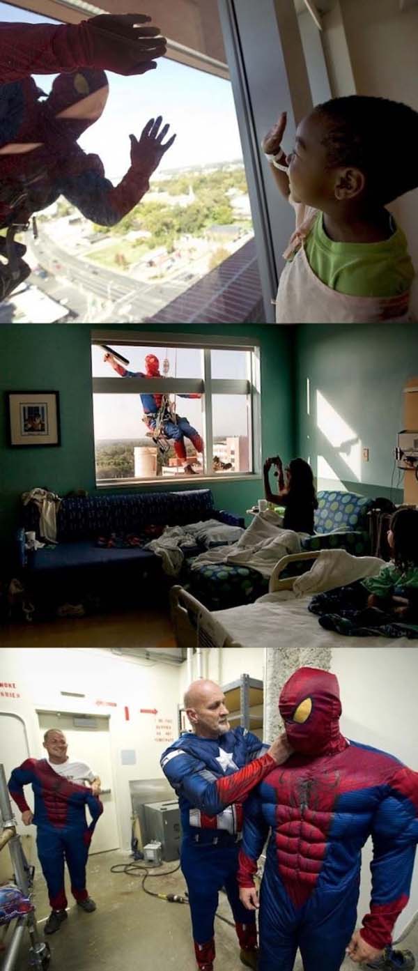 10.) Some window washers dress up as superheroes to cheer up sick kids in hospitals.