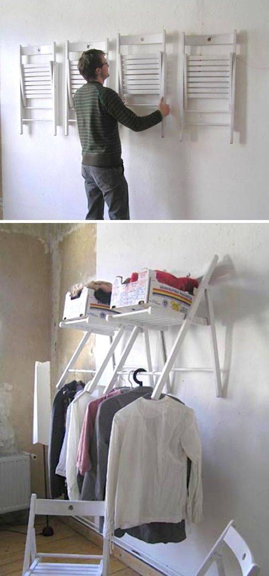 8.) Hang folding chairs and use them as collapsible storage space.