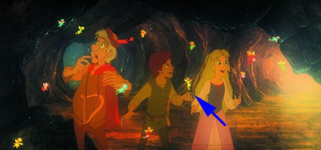 The Black Cauldron - When Taran, Princess Eilonwy, and Fflewddur Fflam discover the Fair Folk and their underground kingdom, Tinkerbell appears among the fairies.