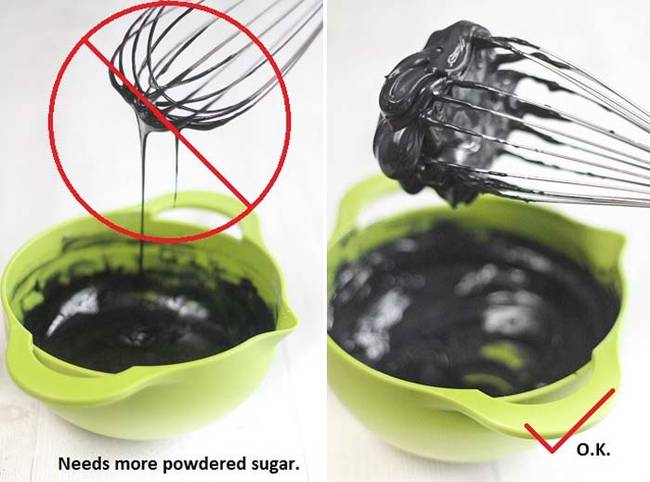 Start by whisking together 1 cup of powdered sugar, 1 egg white, a teaspoon and a half of black food coloring gel, and 1/2 a teaspoon of lemon juice. Then, whisk in another 1/2 cup of powdered sugar. The mixture should be thick and powdery. If the mixture is liquidy, add in more powdered sugar.