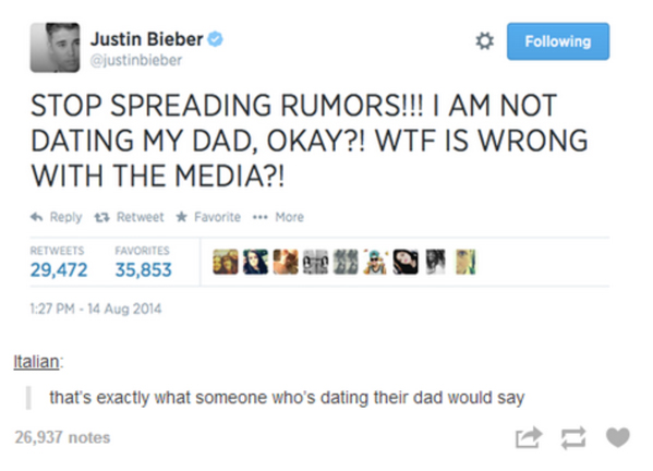 11.) Justin Bieber is dealing with the rumor-hungry media wrong.