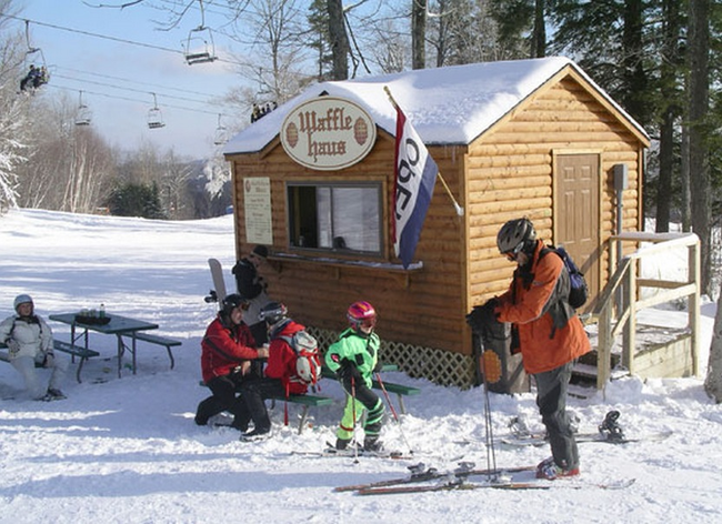 This waffle place in on top of a mountain and you can ski right up to it.