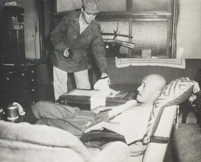 14.) An army intelligence officer attends to Hideki Tojo, the prime minister of Japan during WWII. Tojo attempted to shoot himself in the heart as U.S. troops approached his residence to arrest him. The bullet missed his heart and instead went through his stomach. Tojo made a full recovery before being tried, found guilty of war crimes, and executed.