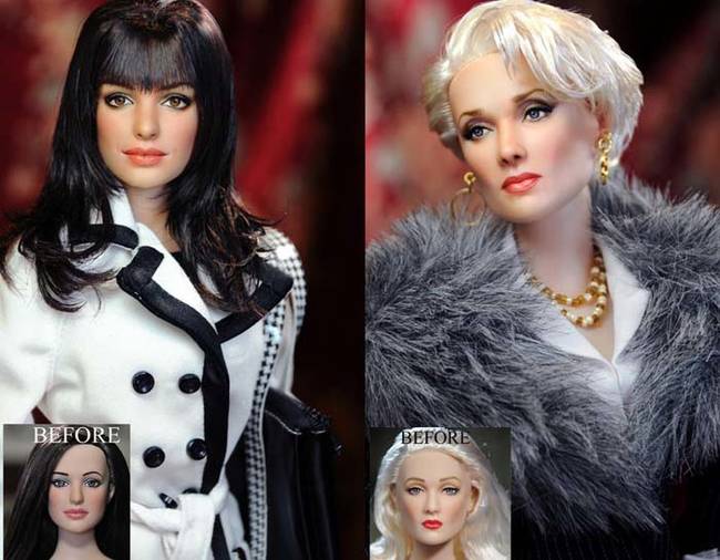 These <i>Devil Wears Prada</i> collector's items look nothing like Meryl Streep and Anne Hathaway. Cruz gave the dolls their actor counterpart's distinguished features.