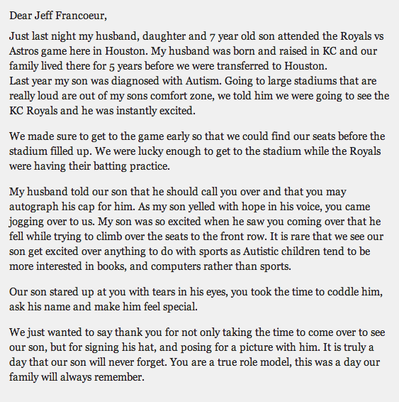 Their mother wrote a letter to explain to Francoeur just how much it meant to her son in particular.