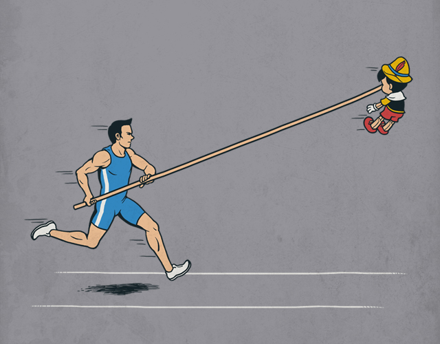 This pole vaulter happily caught Pinocchio in a lie.