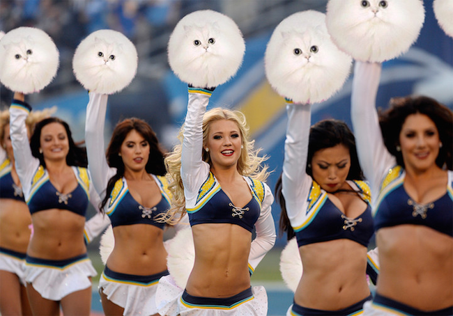 The cheerleader second from the left is having a hard time with the new pompoms.