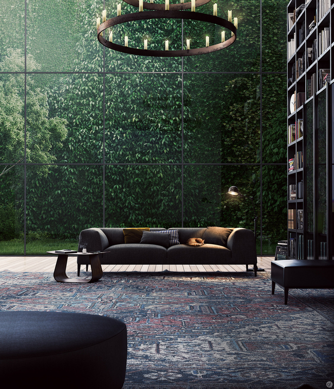 The reading room with a forest wall.