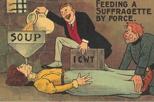 This actually happened. Force feeding of jailed or institutionalized suffragettes was a common punishment, meant to force the women into submission. But it's nice to know that there were people who thought this was amusing.