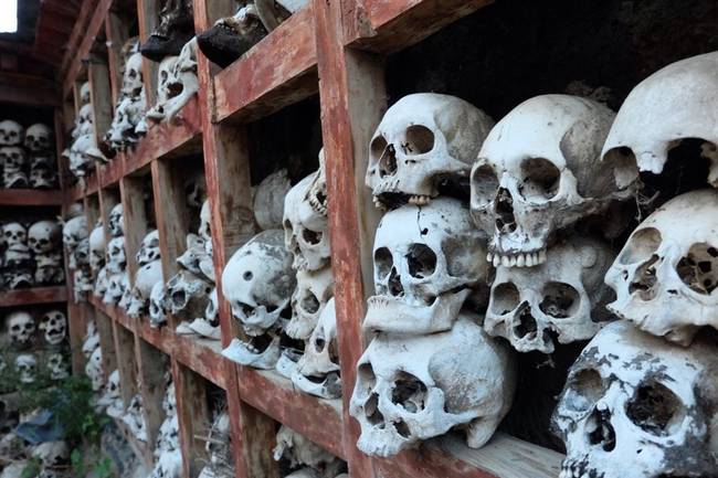 The origins of this tradition are unclear. Some believe the family of one sky burial master was murdered right in front of him...and their skulls were left at the wall to ward off other murderers.