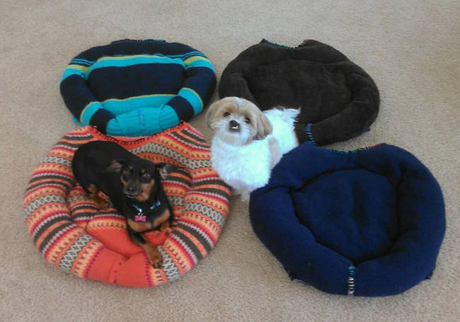 Create a cheap, comfy bed out of an old sweater. Your familiar scent will also be comforting for your puppy pal.