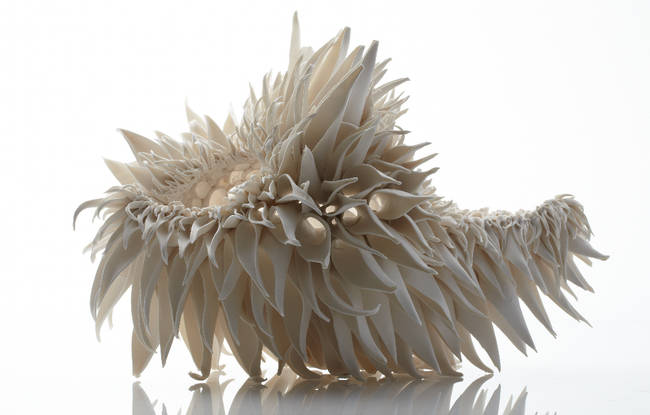 In this series, the sculptures take their form from the teasel flower.