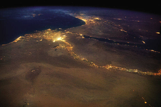 The Nile River, flowing into the Mediterranean Sea.