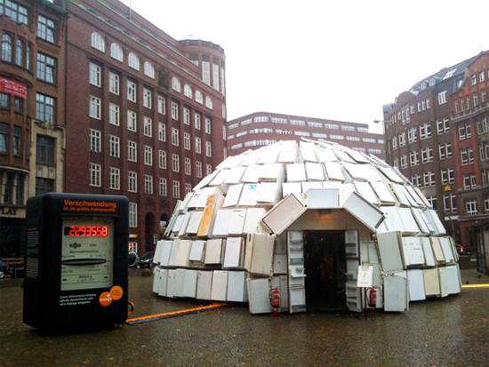 This crazy igloo was constructed by artist Ralf Schmerberg, and is made entirely out of refrigerators.