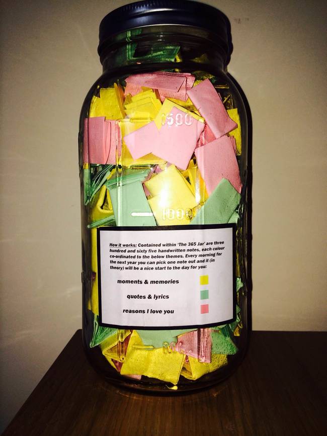 He called it "The 365 Jar." Inside the jar is a collection of notes (365 to be exact) one for everyday of the year.