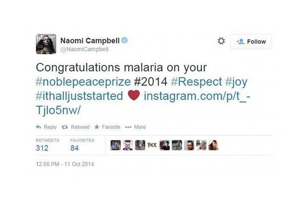 That time Naomi Campbell congratulated malaria instead of Malala Yousafzai.