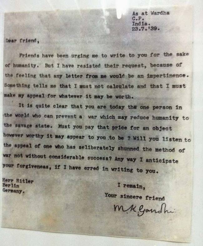 The letter that Gandhi sent to Adolf Hitler in 1939.