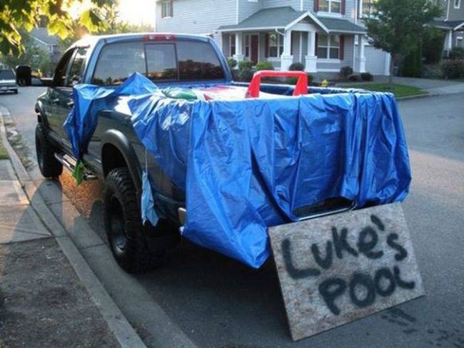 You've probably seen one of those luxury vehicles with a hot tub or mini-pool in the back; why not just make your own mobile pool using a pick-up truck and a big water-proof tarp?