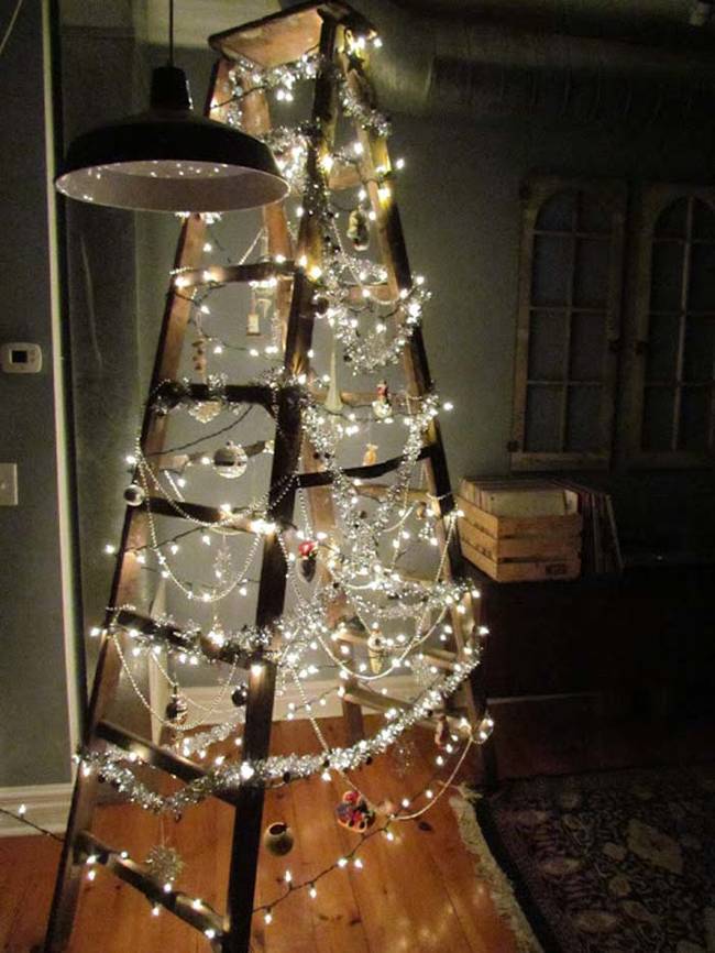 A ladder makes for a rustic twist on Christmas trees.