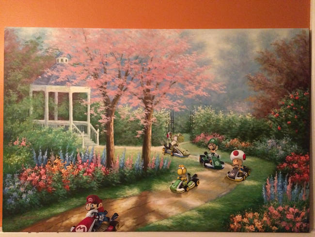 Pop culture icons like Mario and company make a perfect compliment to this bucolic painting.