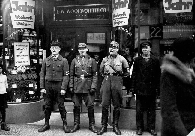 3.) Nazis singing to encourage people to follow their boycott of Jewish shops in 1933.