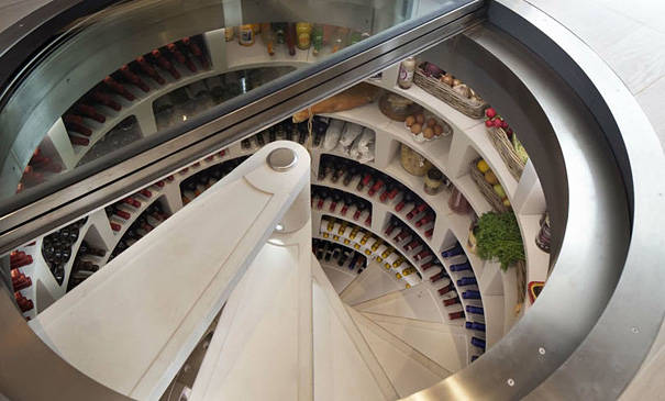 A sunken spiral wine cellar