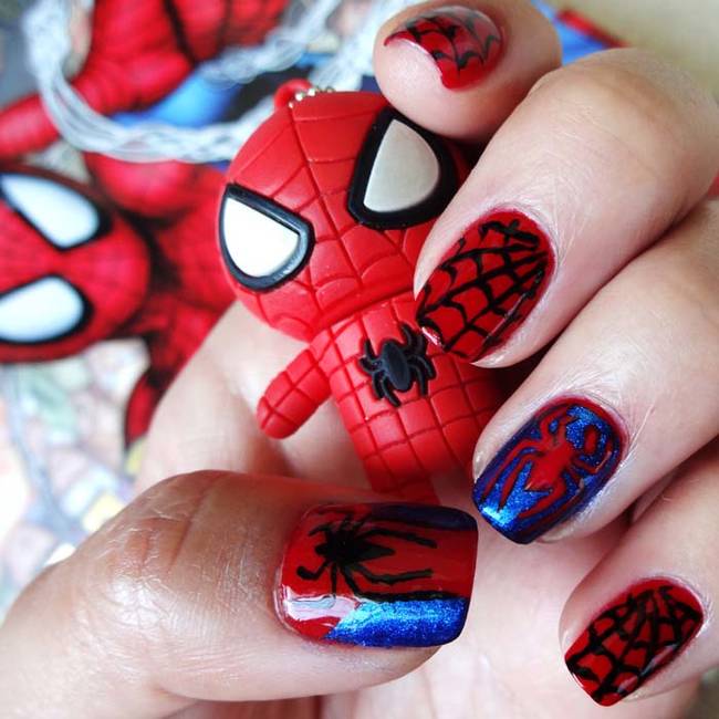 Show off your fandom with Spiderman nails.