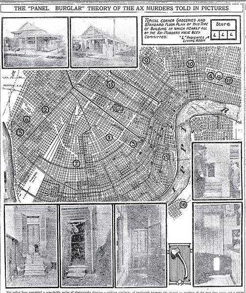 An illustrated map of The Axeman of New Orleans' murders.